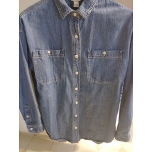 Forever 21 Vintage long sleeve blue jean shirt white button front and sleeves M